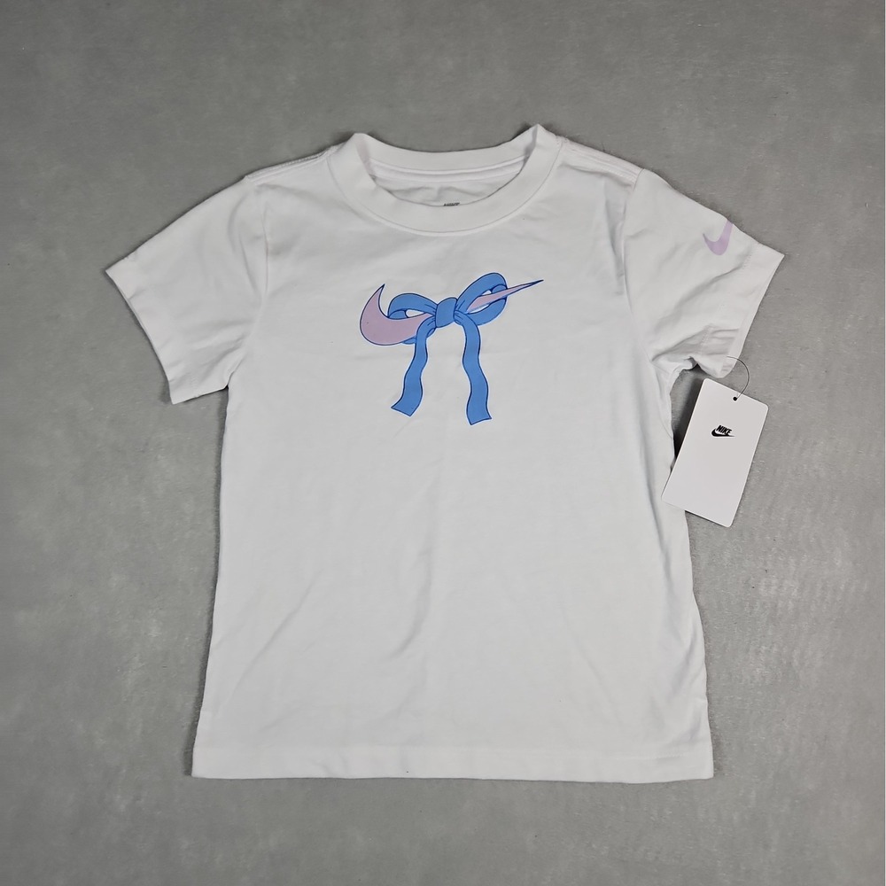 Nike Girls White Pink Swoosh Bow Graphic T Shirt Size Large (6-7) NWT